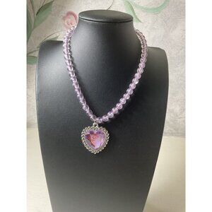 Purple Beaded Necklace With Heart Pendant & Silver Accents